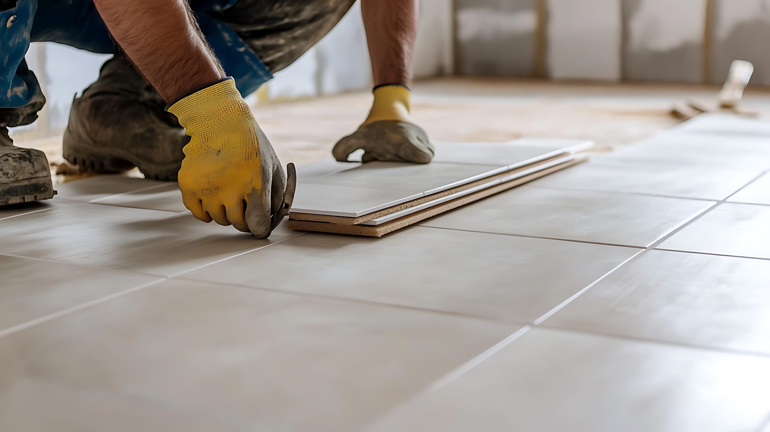 Worker Installing Ceramic Tiles on Floor